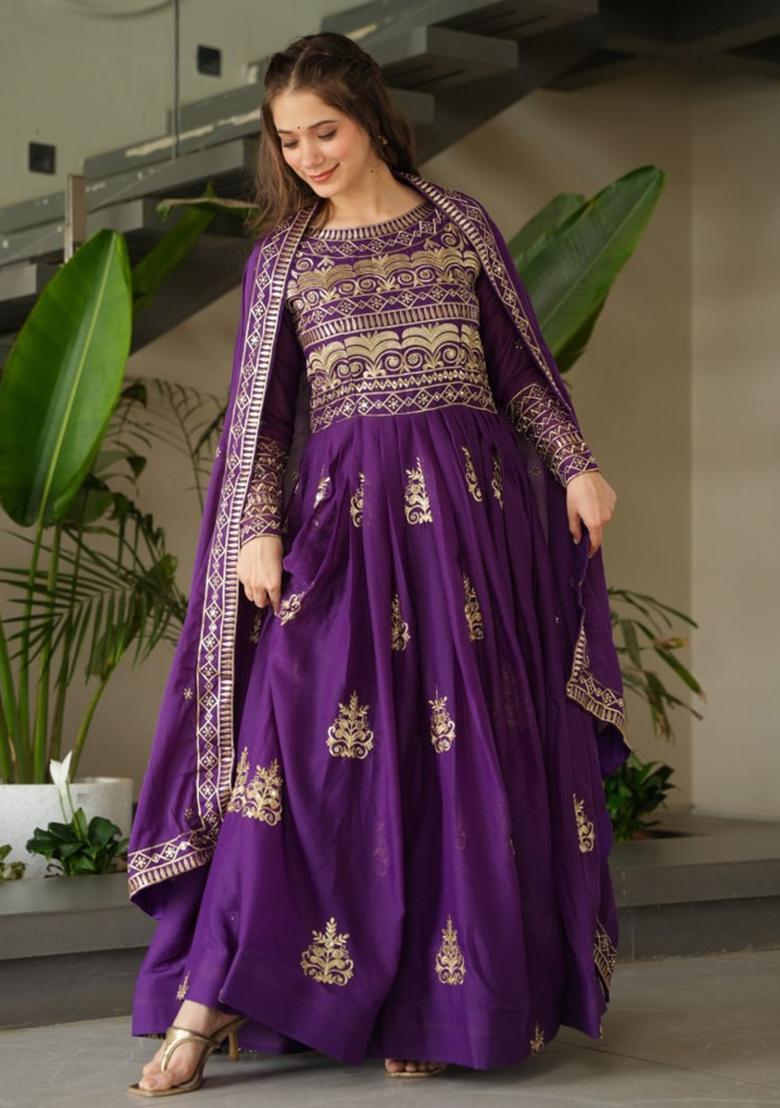 Purple Chinnon Sequin Embroidered Anarkali Set With Dupatta