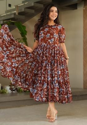 Brown Georgette Printed Anarkali