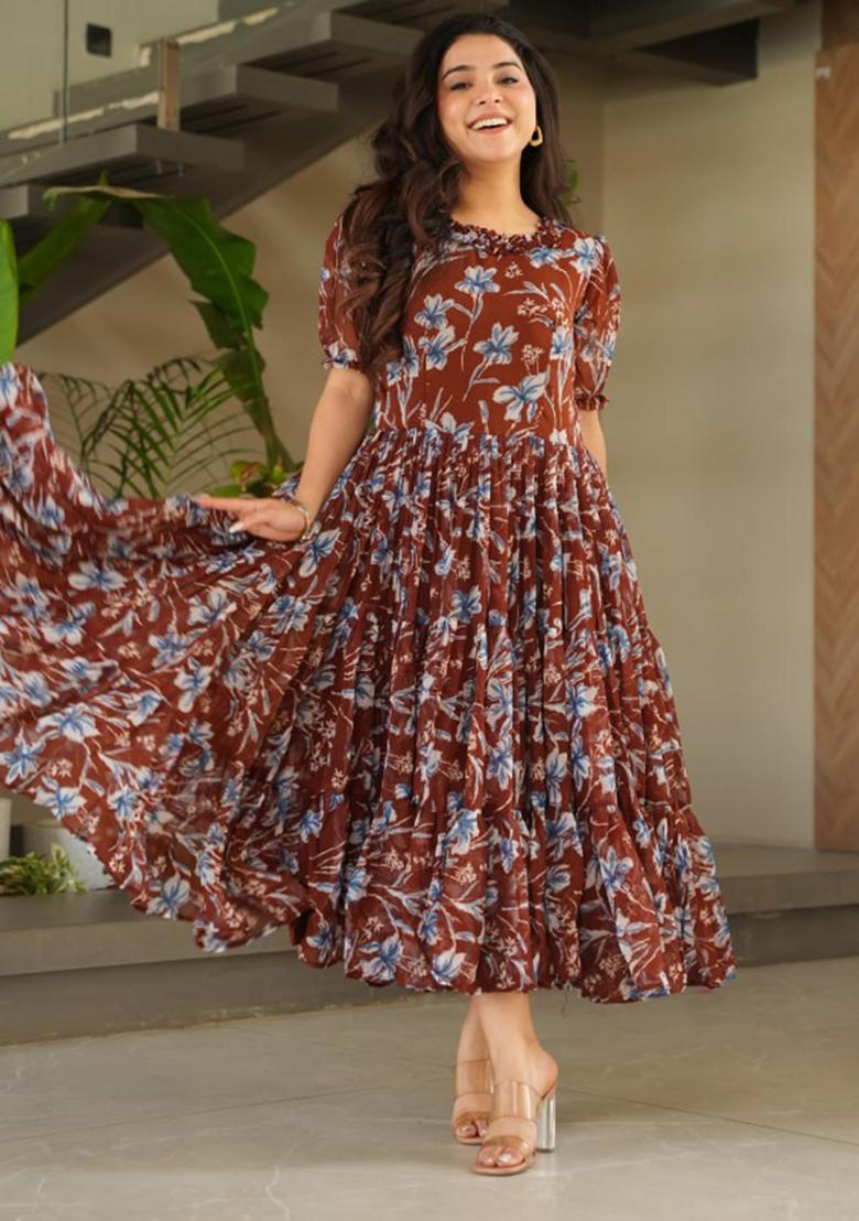 Brown Georgette Printed Anarkali