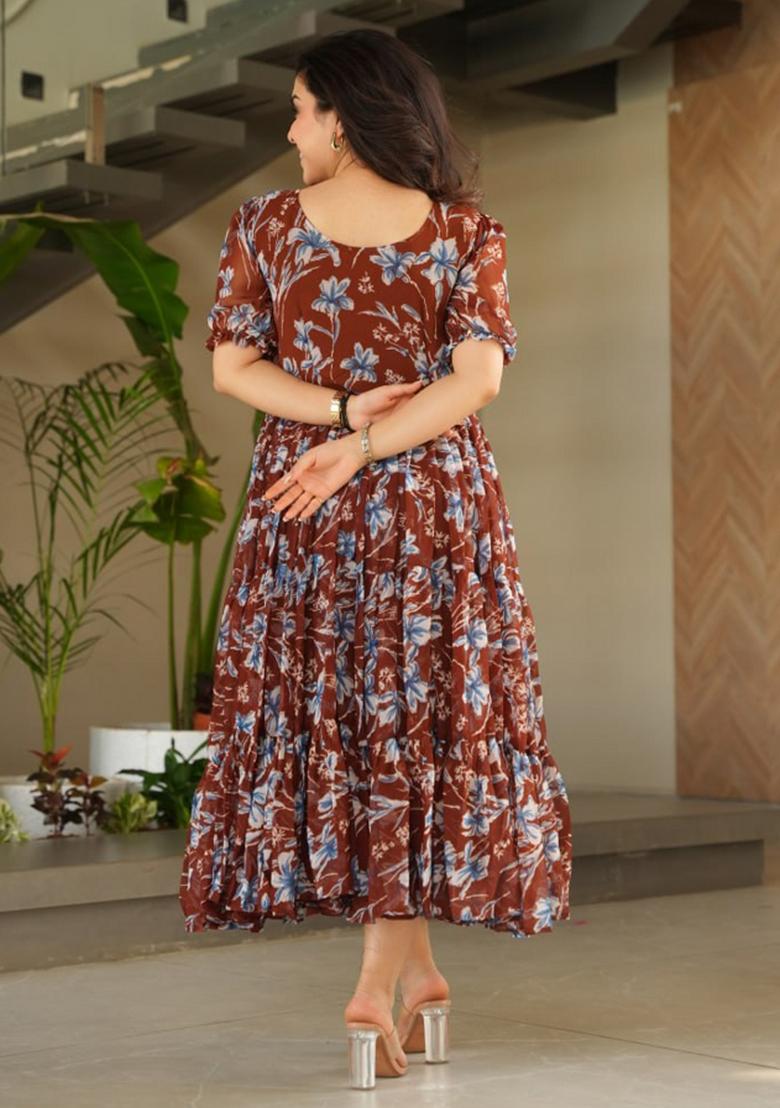 Brown Georgette Printed Anarkali