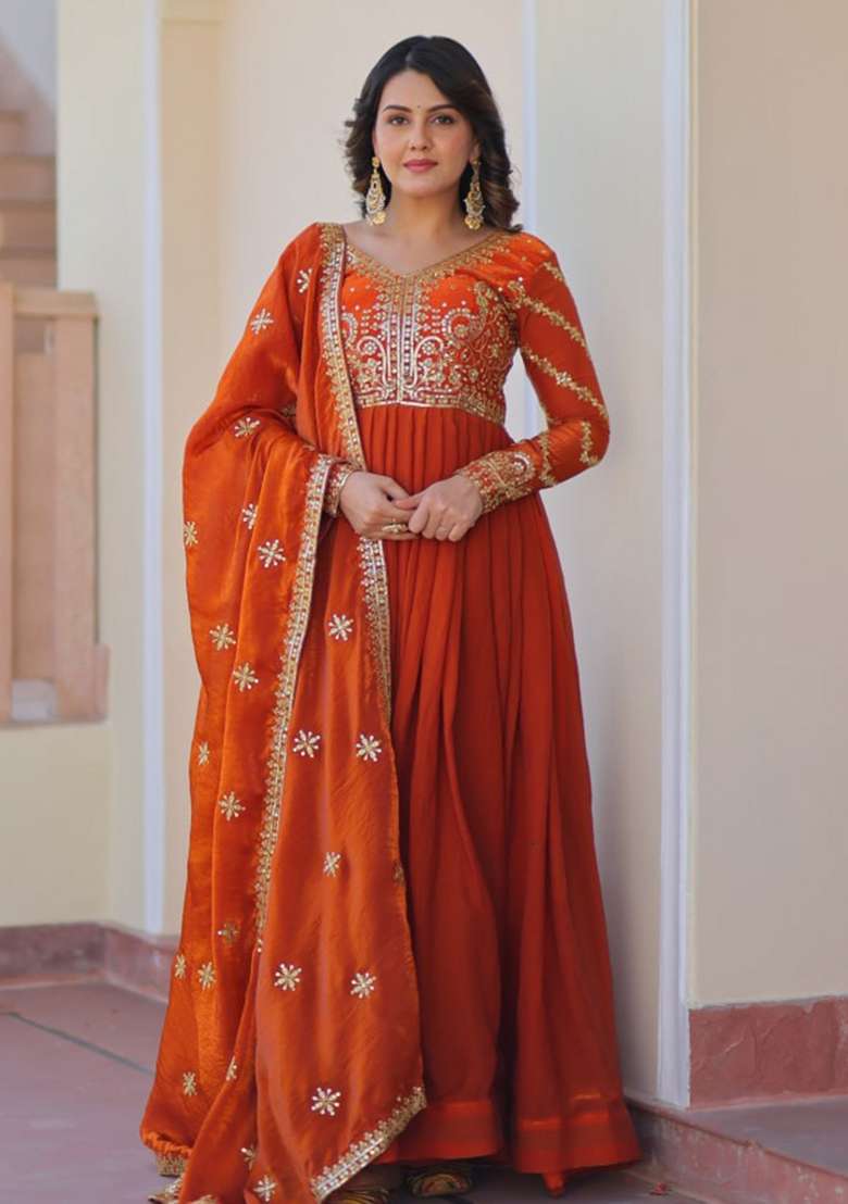 Orange Embroidered Blended Anarkali With Dupatta - Indya
