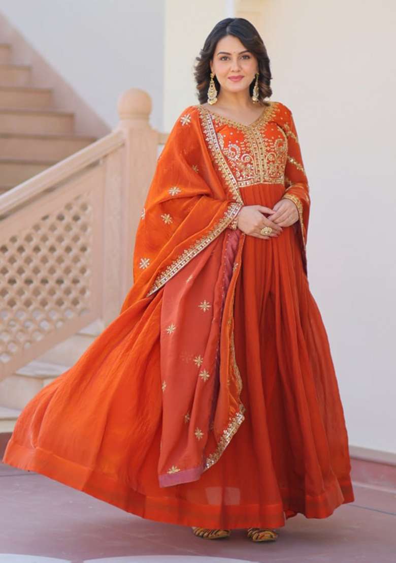 Orange Embroidered Blended Anarkali With Dupatta - Indya