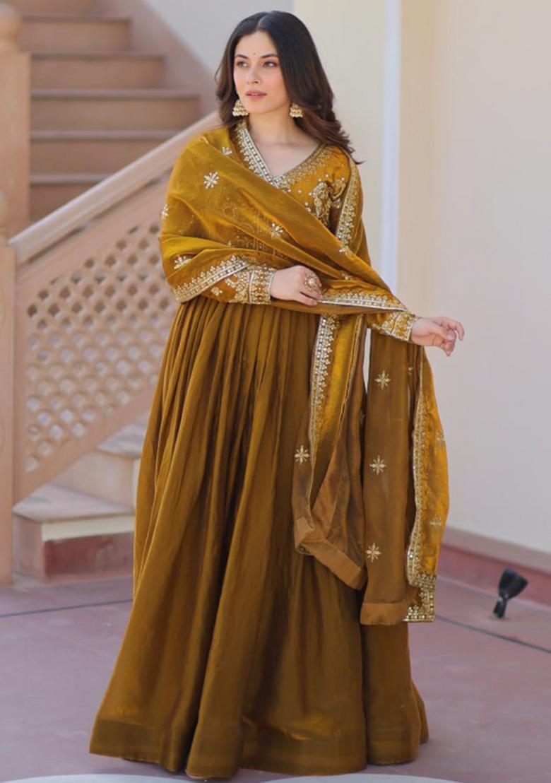 Mehendi Poly Blend Sequin Embroidered Salwar Kameez With Dupptta