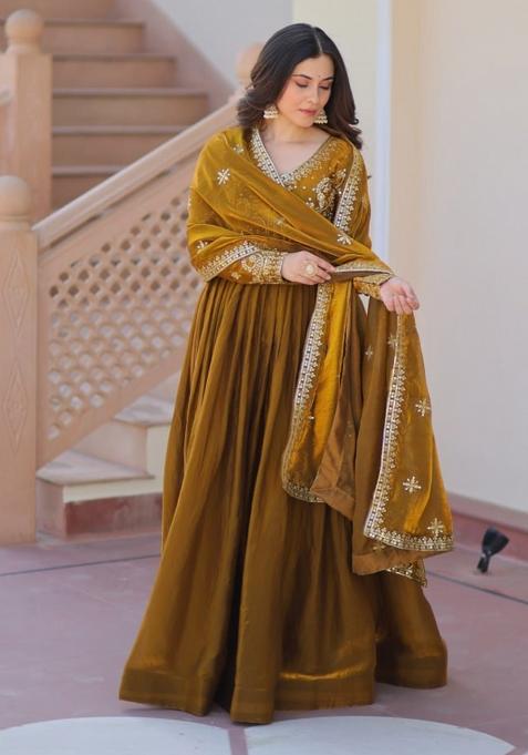 Mehendi Poly Blend Sequin Embroidered Salwar Kameez With Dupptta