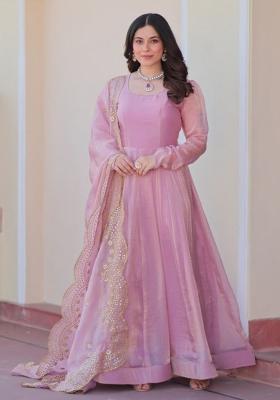 Pink Poly Blend Embroidered Anarkali Set With Dupatta