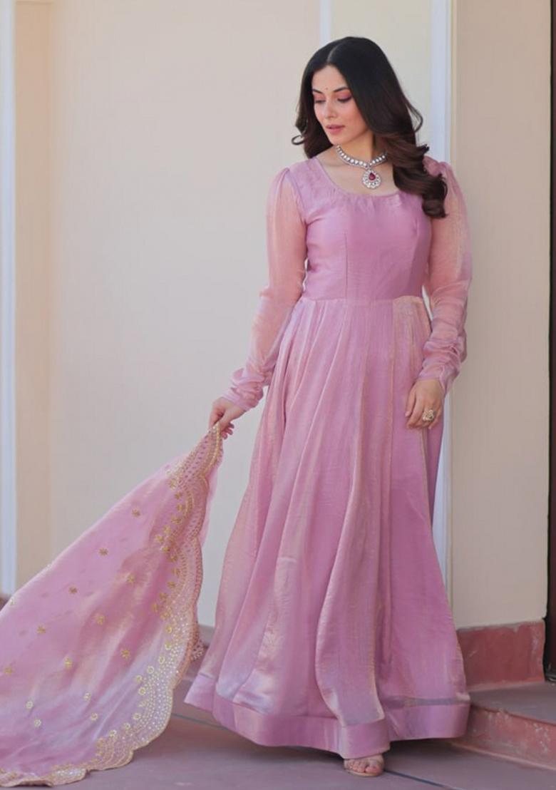 Pink Poly Blend Embroidered Anarkali Set With Dupatta