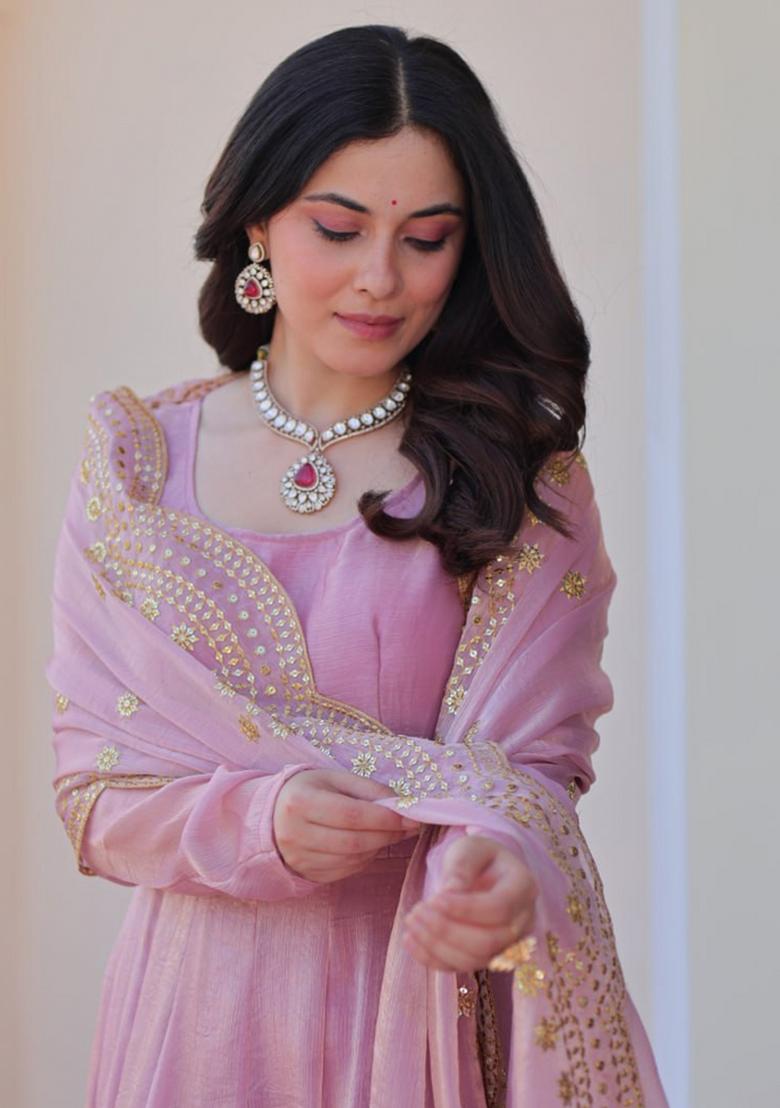 Pink Poly Blend Embroidered Anarkali Set With Dupatta