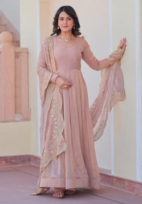 Beige Poly Blend Embroidered Salwar Kameez With Dupptta