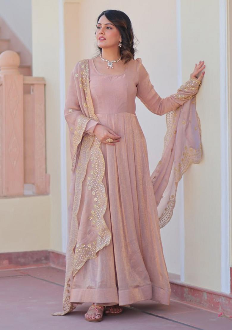 Beige Poly Blend Embroidered Salwar Kameez With Dupptta