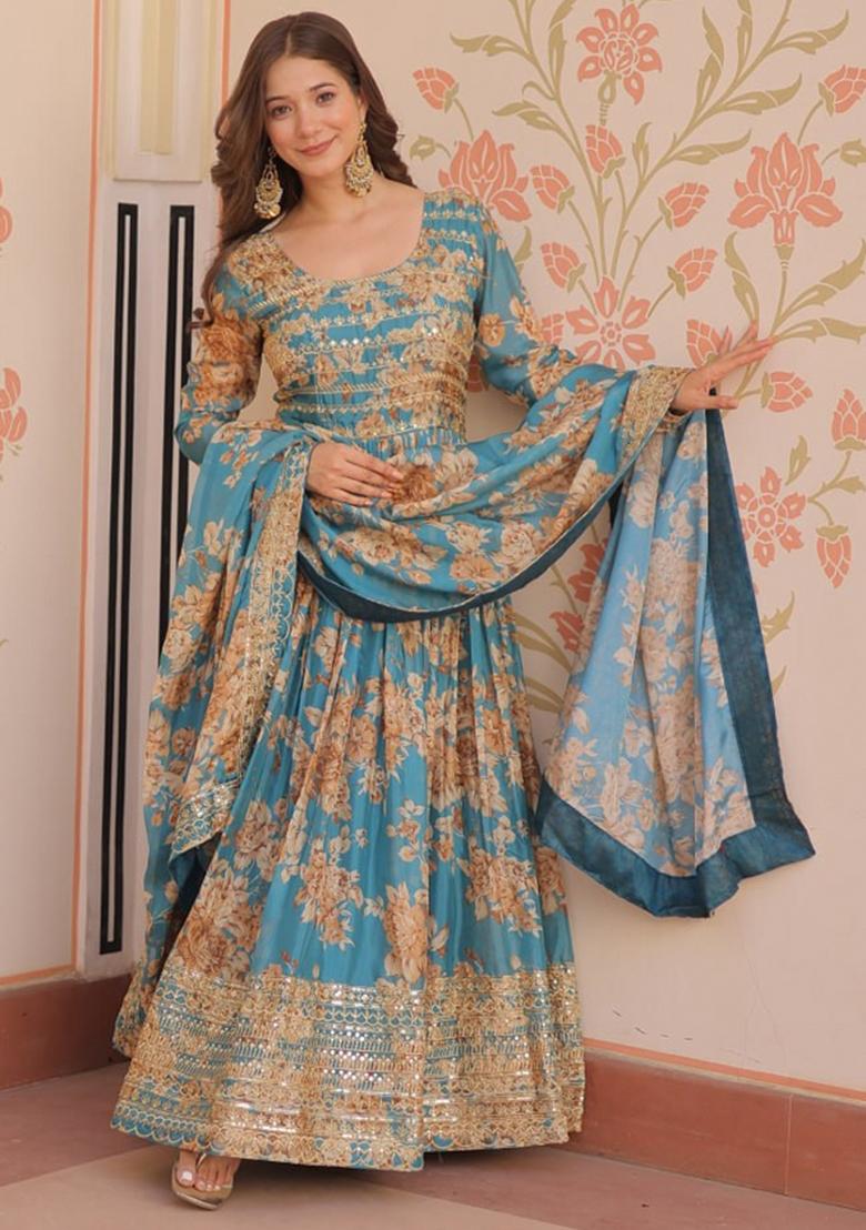Blue Silk Embroidered Anarkali Set With Dupatta