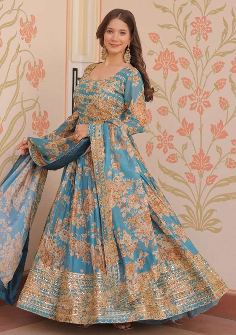 Blue Printed Silk Blend Anarkali With Dupatta - Indya