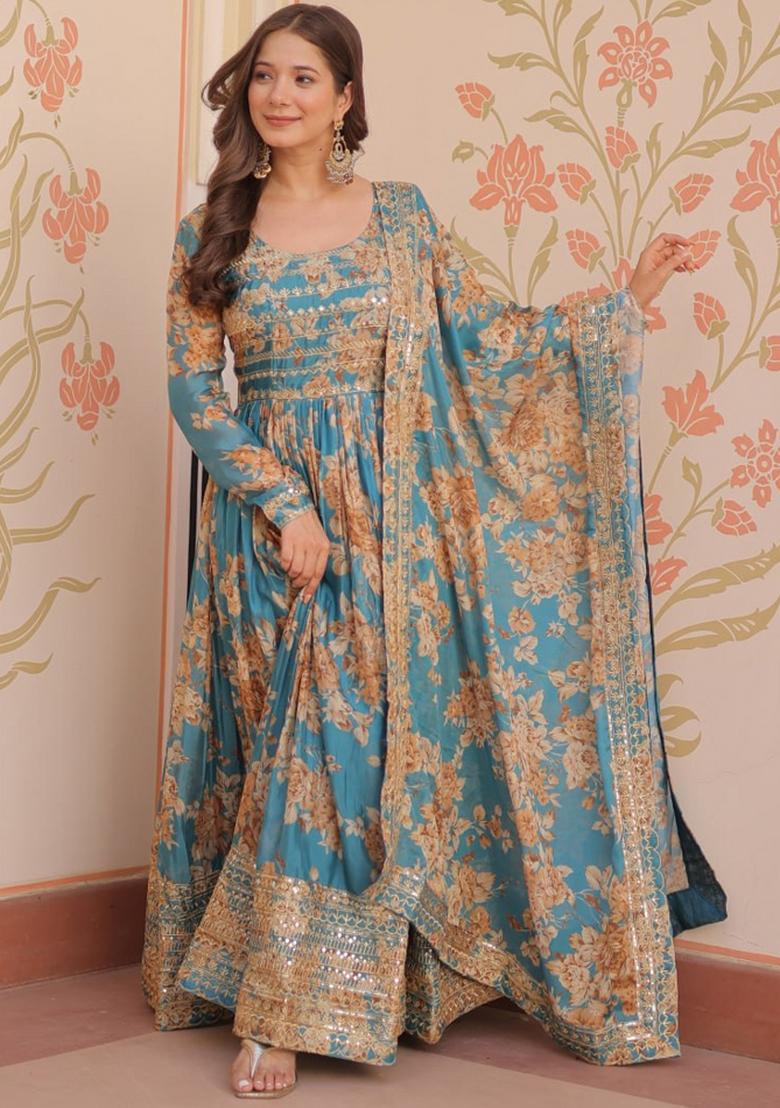 Blue Silk Embroidered Anarkali Set With Dupatta