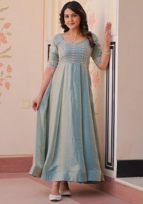 Blue Poly Blend Embroidered Anarkali