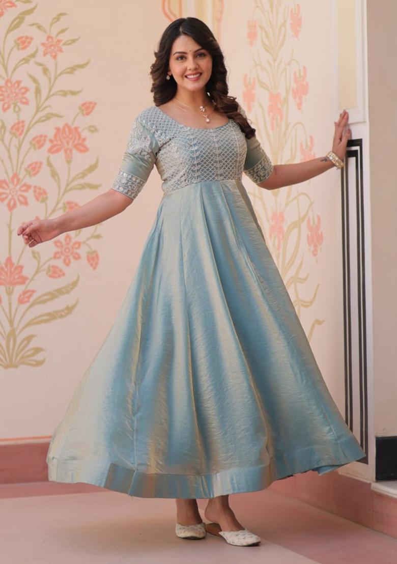 Blue Poly Blend Embroidered Anarkali