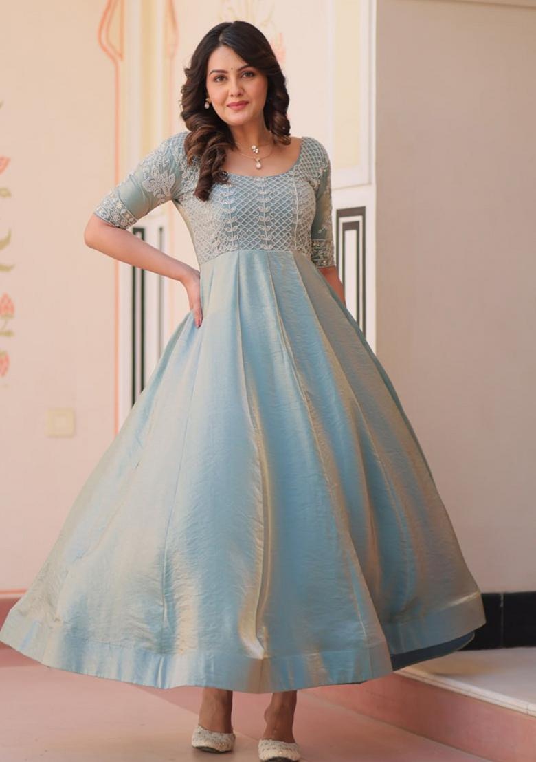 Blue Poly Blend Embroidered Anarkali