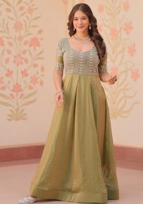Mehendi Poly Blend Embroidered Anarkali