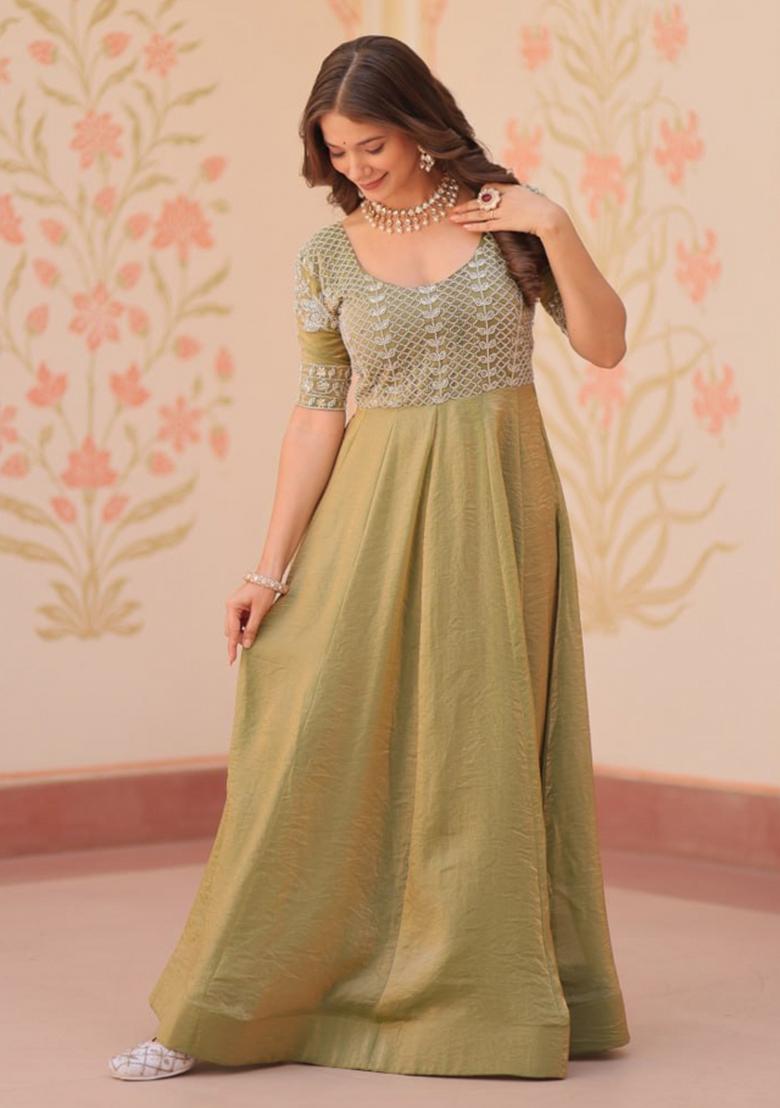 Mehendi Poly Blend Embroidered Anarkali