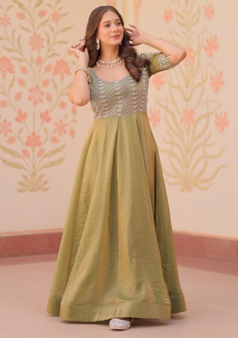 Mehendi Poly Blend Embroidered Anarkali