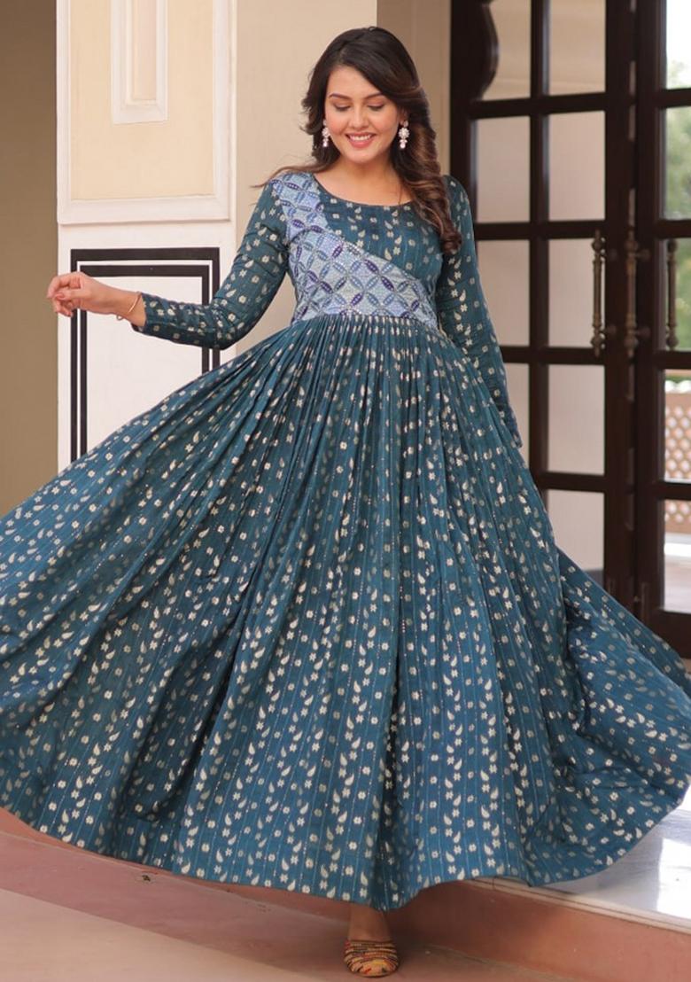 Green Poly Blend Jacquard Anarkali