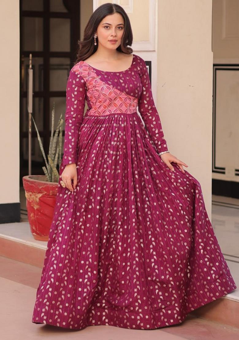 Maroon Poly Blend Jacquard Anarkali