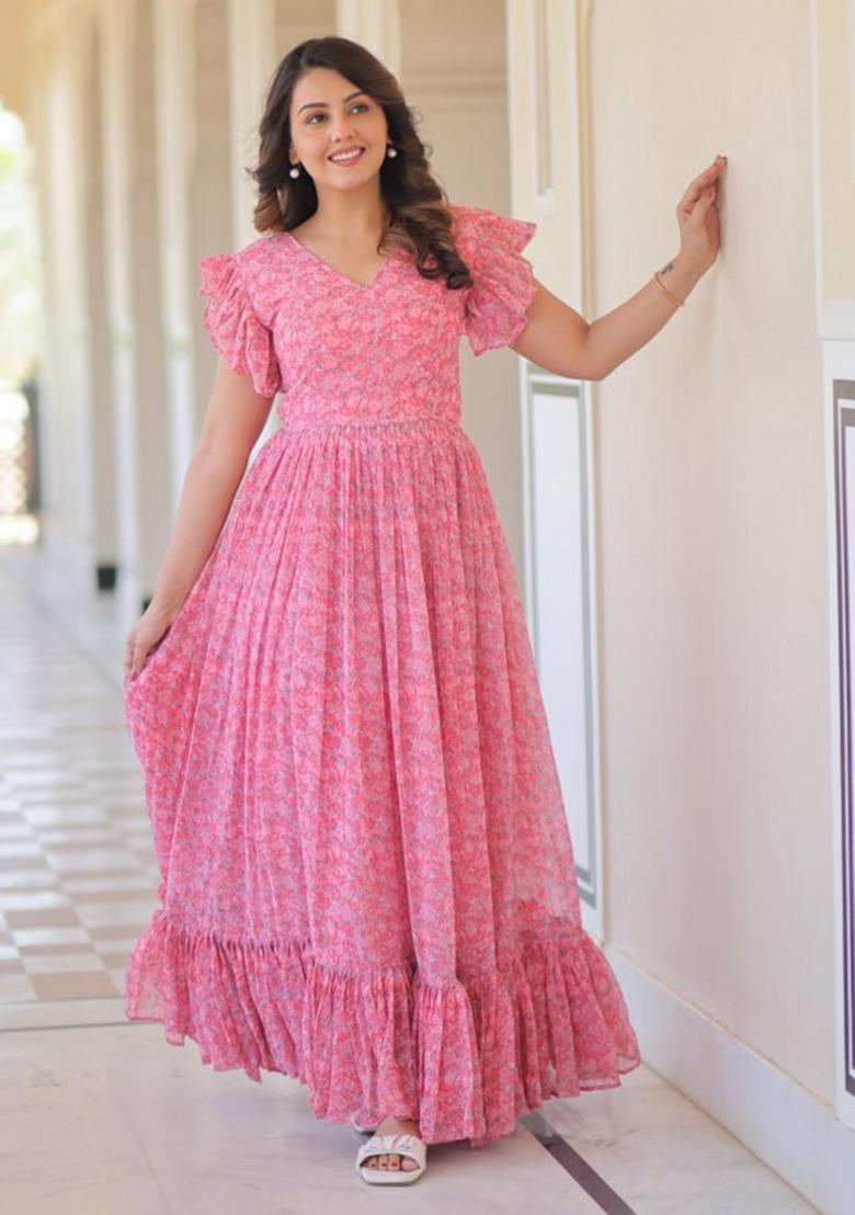 Pink Georgette Printed Anarkali