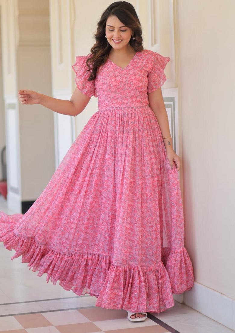 Pink Georgette Printed Anarkali