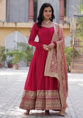 Pink Vichitra Sequin Embroidered Anarkali Set With Dupatta