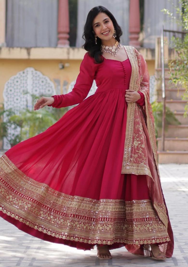 Pink Vichitra Sequin Embroidered Anarkali Set With Dupatta