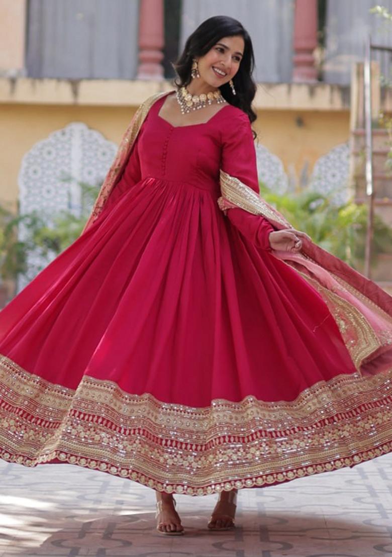 Pink Vichitra Sequin Embroidered Anarkali Set With Dupatta