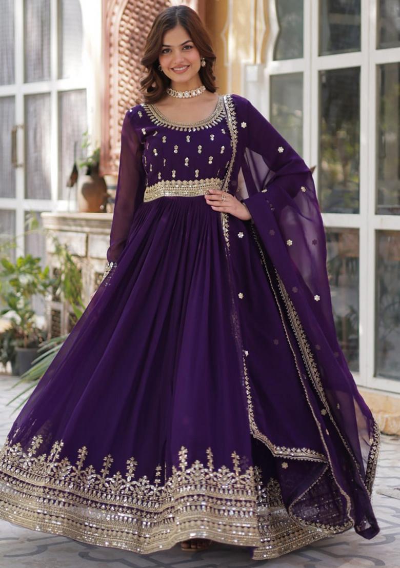 Maroon Poly Blend Sequin Embroidered Anarkali Set With Dupatta