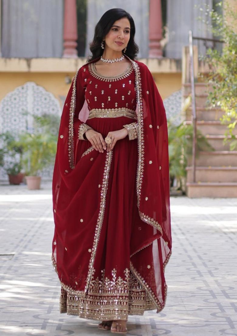 Maroon Poly Blend Sequin Embroidered Salwar Kameez With Dupptta