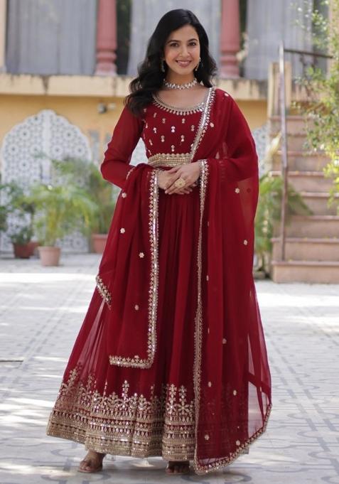 Maroon Poly Blend Sequin Embroidered Salwar Kameez With Dupptta