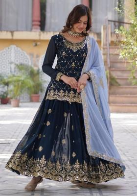 Royal Blue Poly Blend Sequin Embroidered Salwar Kameez With Dupptta