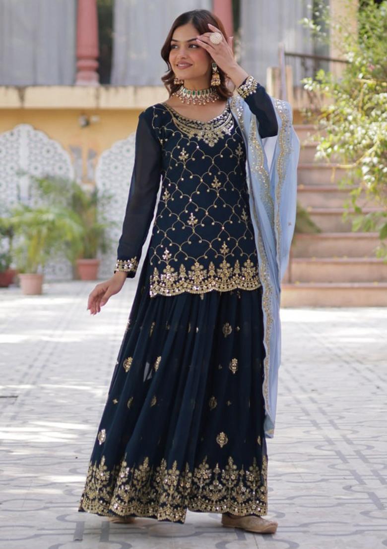 Royal Blue Poly Blend Sequin Embroidered Salwar Kameez With Dupptta