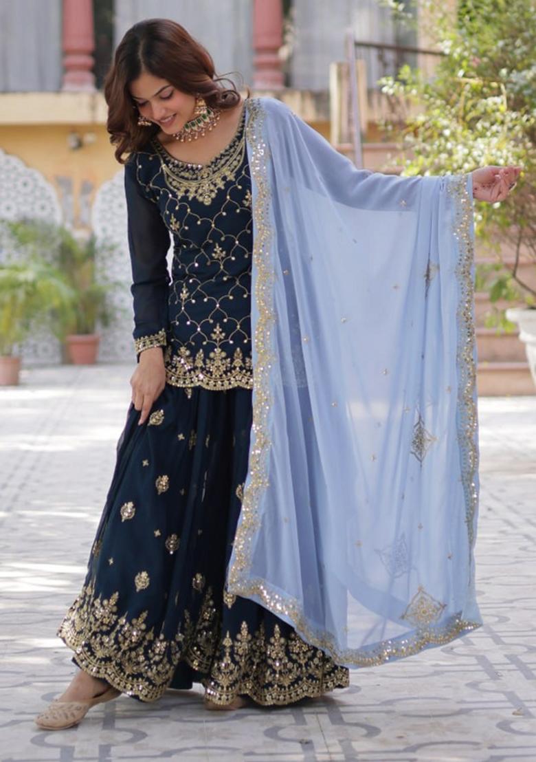 Royal Blue Poly Blend Sequin Embroidered Salwar Kameez With Dupptta