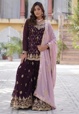 Wine Poly Blend Sequin Embroidered Salwar Kameez With Dupptta