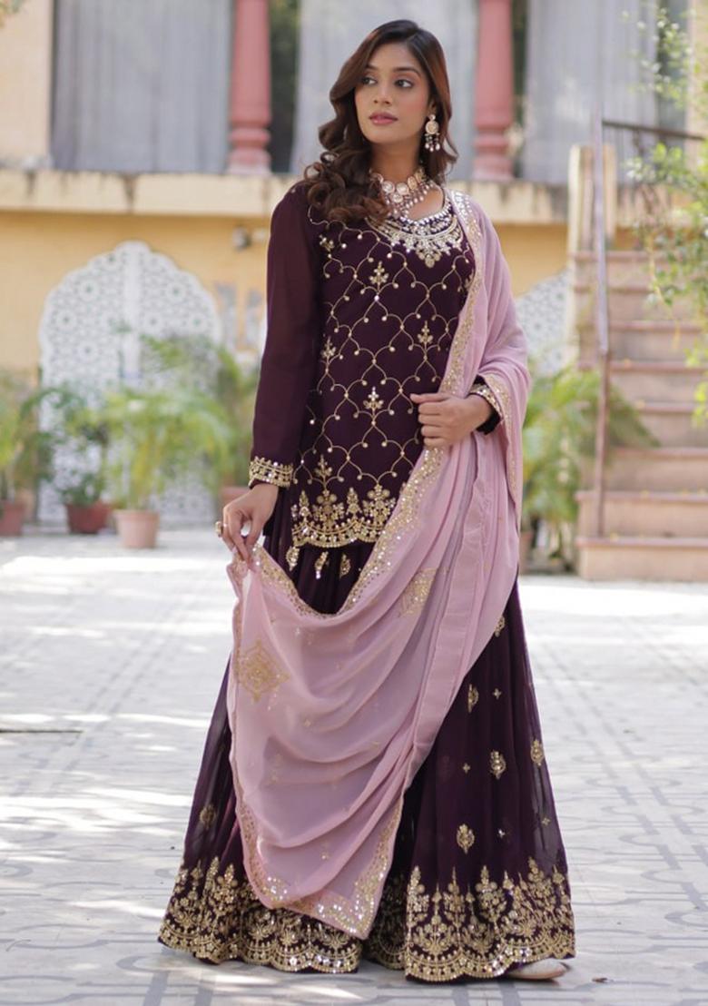 Wine Poly Blend Sequin Embroidered Salwar Kameez With Dupptta