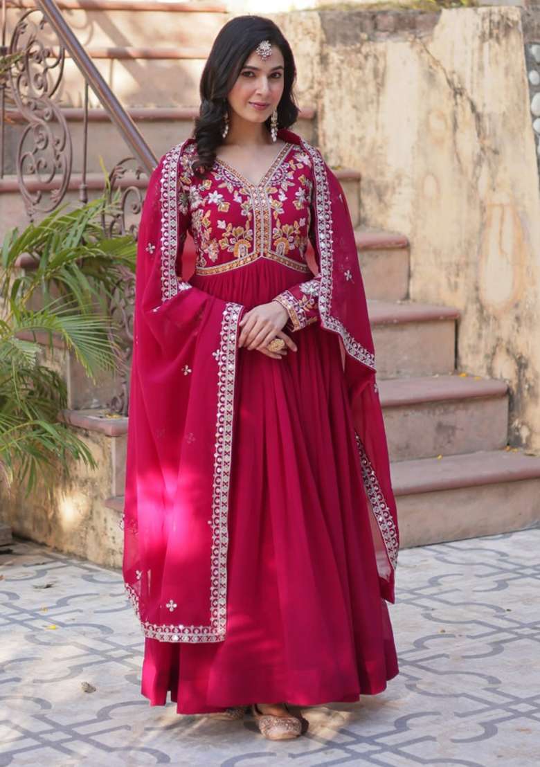 Pink Embroidered Blended Anarkali With Dupatta - Indya