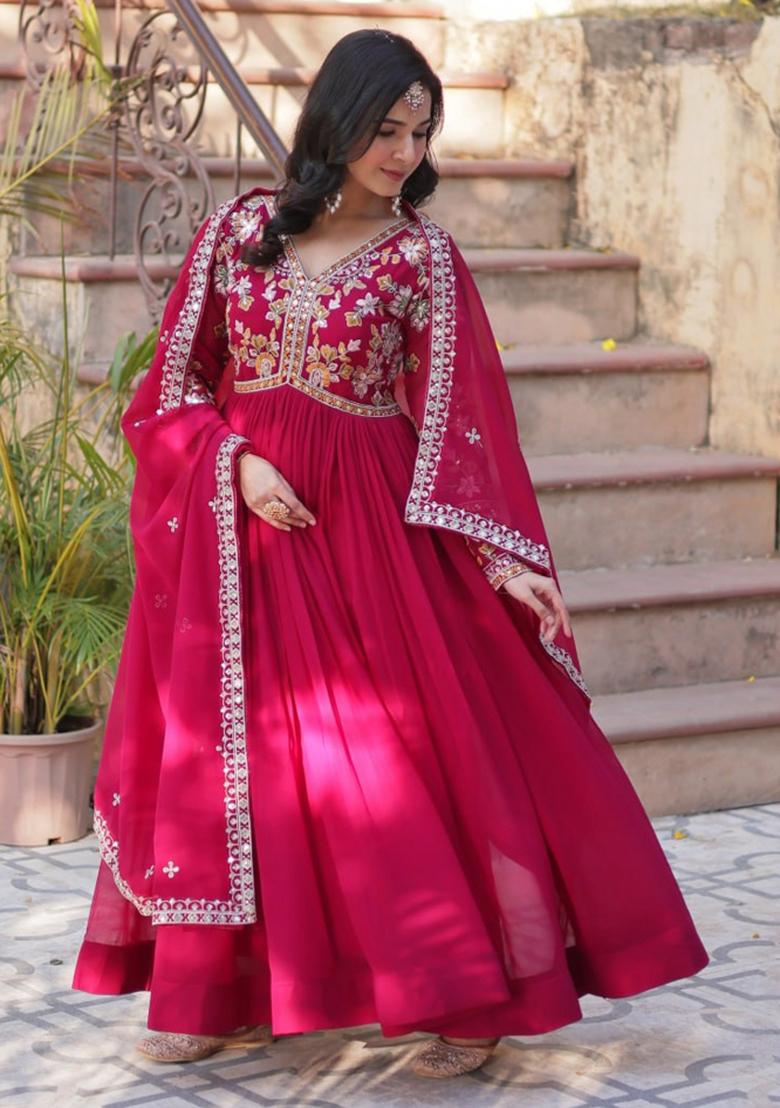 Pink Poly Blend Sequin Embroidered Anarkali Set With Dupatta