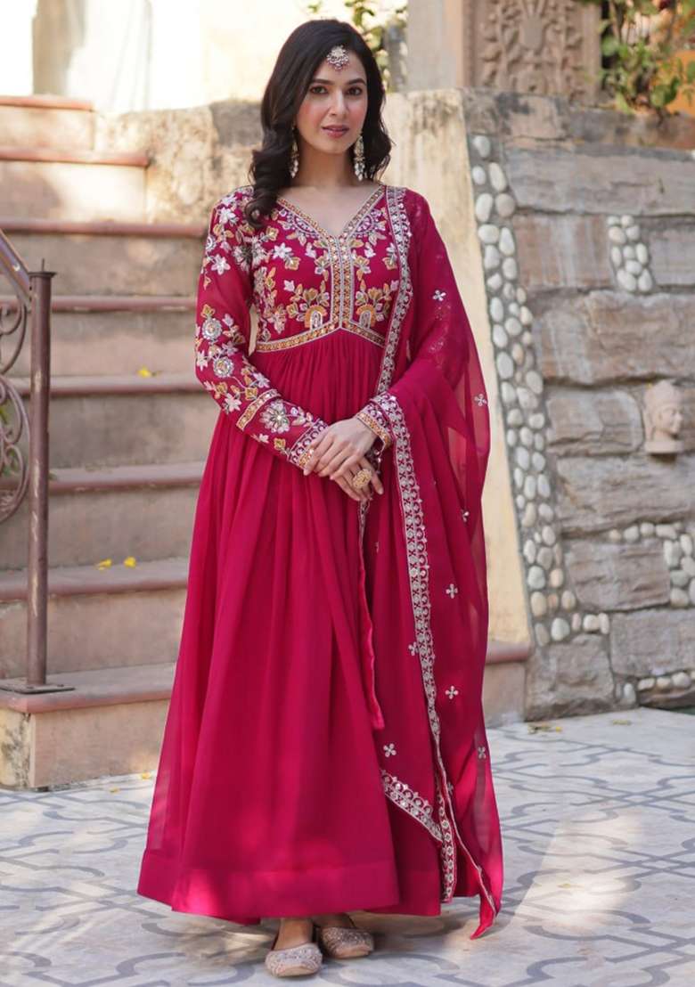 Pink Embroidered Blended Anarkali With Dupatta - Indya