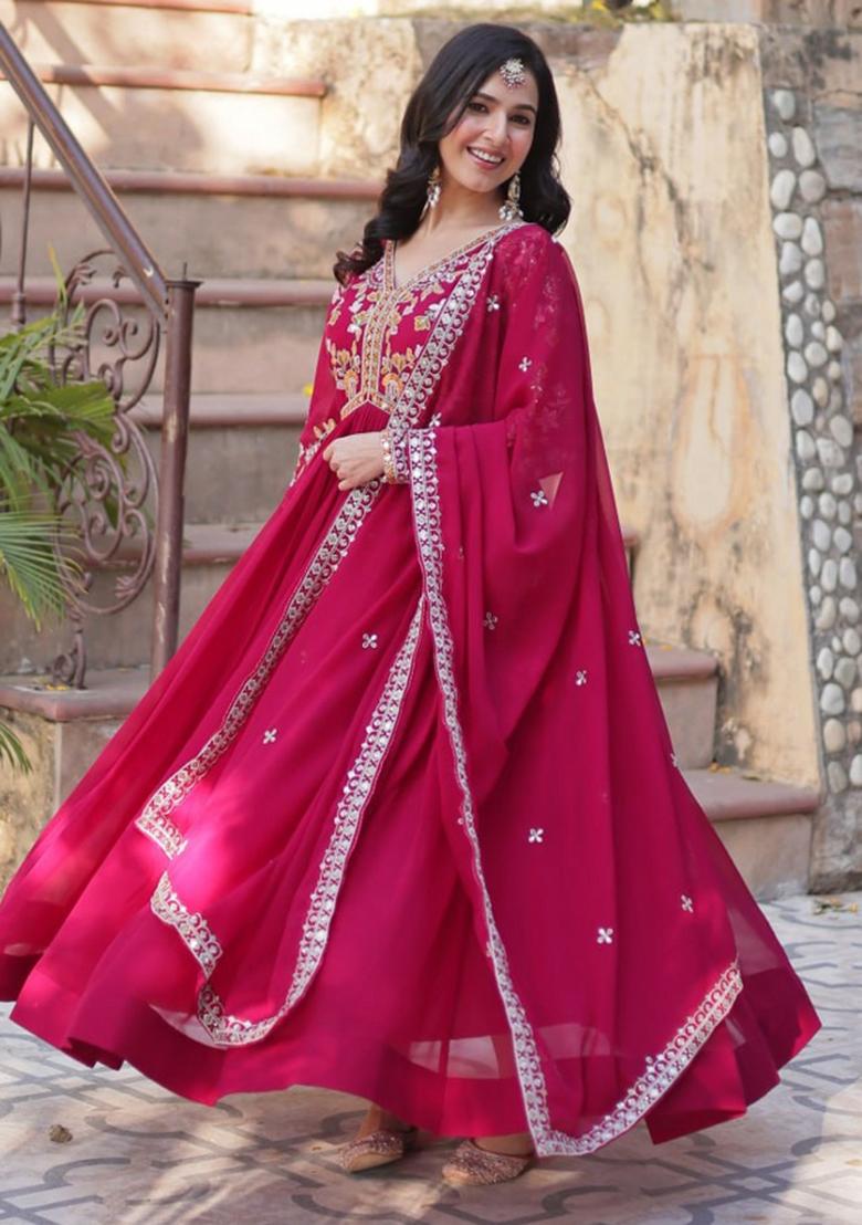 Pink Poly Blend Sequin Embroidered Anarkali Set With Dupatta