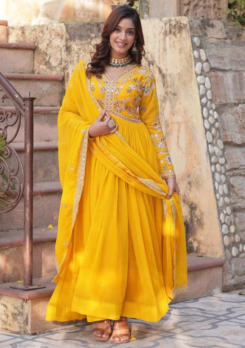 Yellow Poly Blend Sequin Embroidered Salwar Kameez With Dupptta