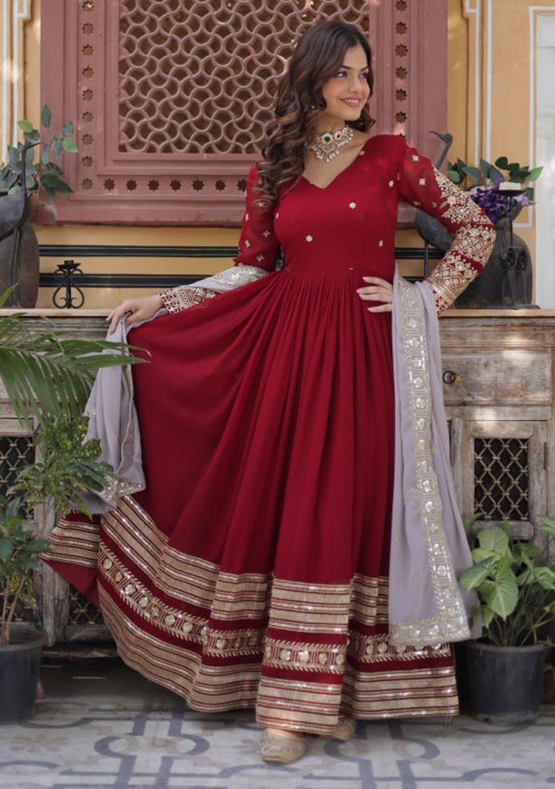 Red Poly Blend Sequin Embroidered Salwar Kameez With Dupptta
