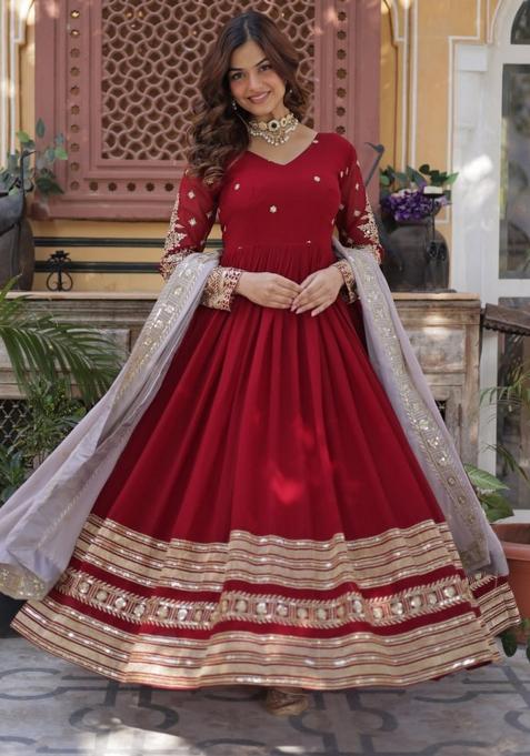 Red Poly Blend Sequin Embroidered Salwar Kameez With Dupptta