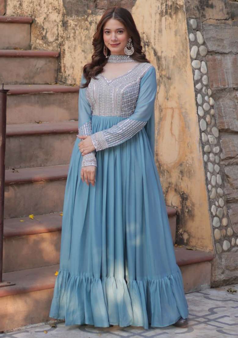 Blue Georgette Sequin Embroidered Anarkali With Dupatta - Indya
