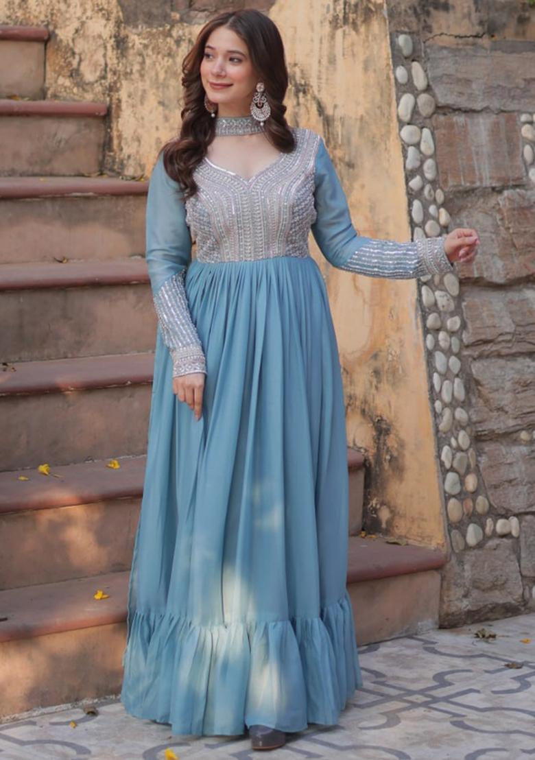 Blue Georgette Sequin Embroidered Anarkali Set With Dupatta