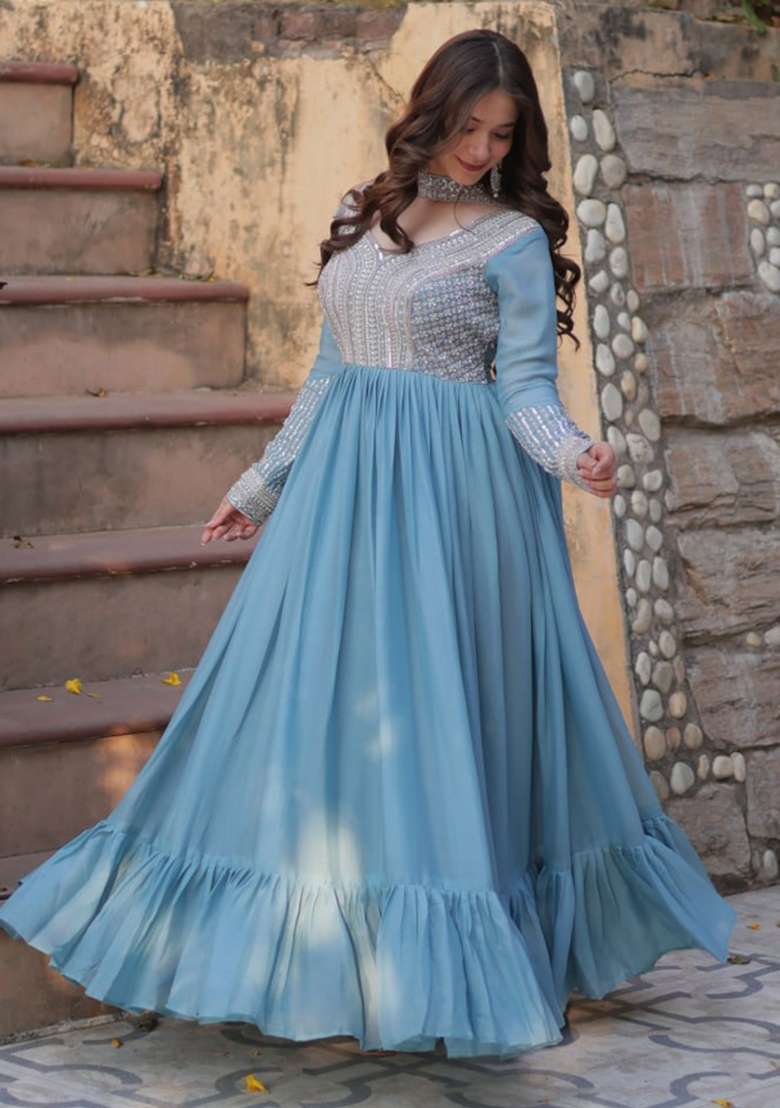 Blue Georgette Sequin Embroidered Anarkali With Dupatta - Indya