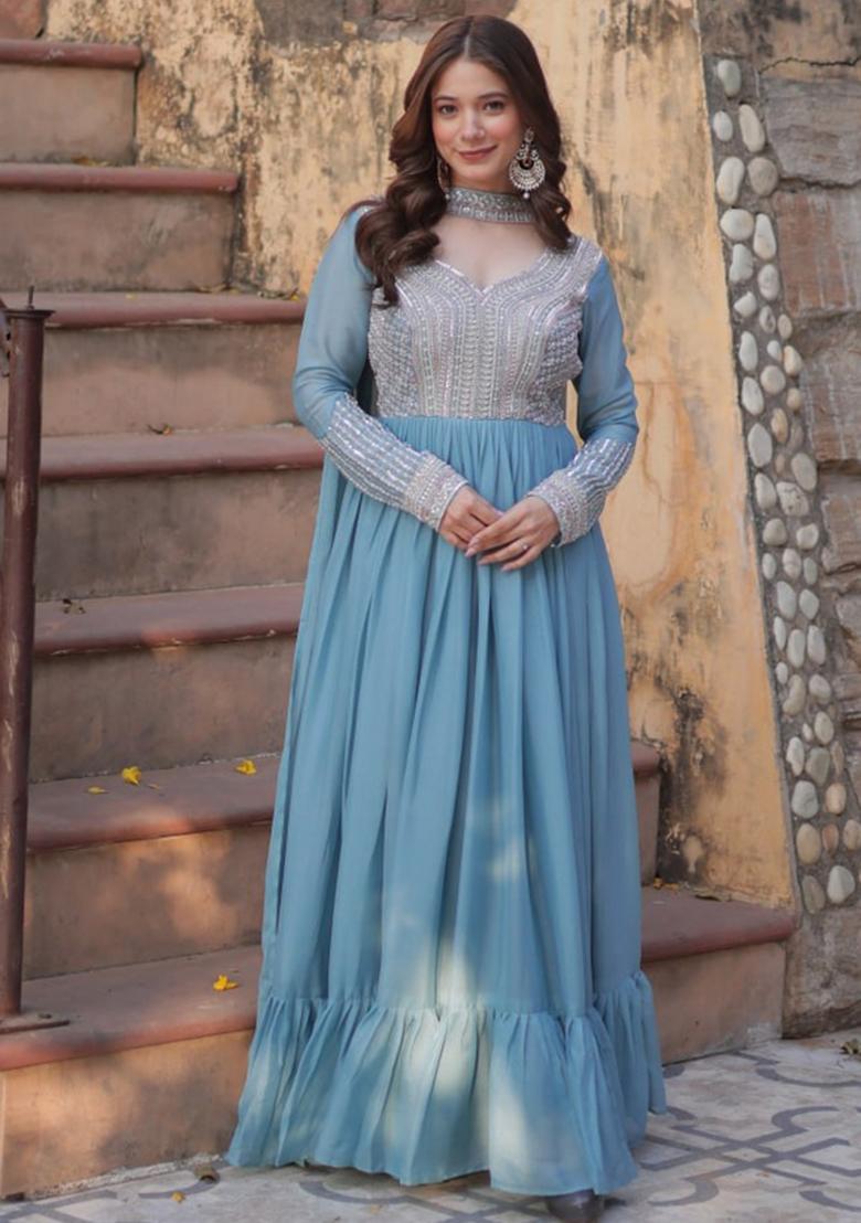 Blue Georgette Sequin Embroidered Anarkali Set With Dupatta