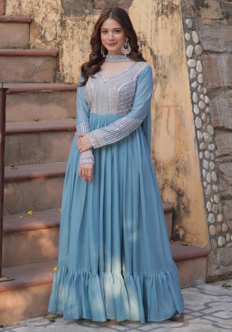 Blue Georgette Sequin Embroidered Anarkali Set With Dupatta