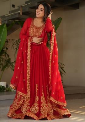 Red Poly Blend Sequin Embroidered Anarkali Set With Dupatta